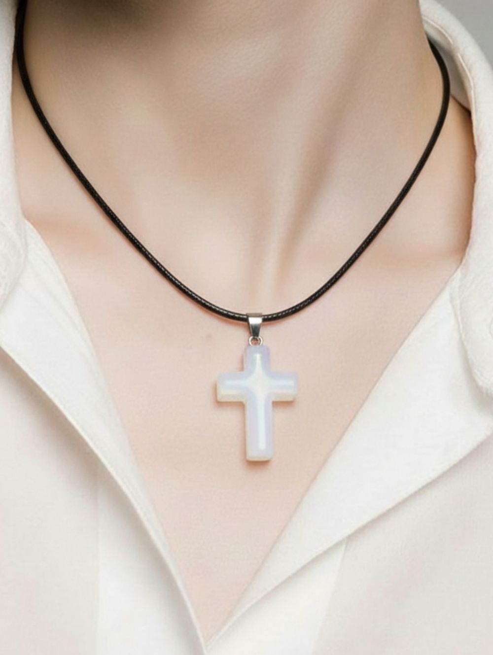 White Quartz Cross Necklace Natural Stone Earthy Faith Stacking Adjustable Cord